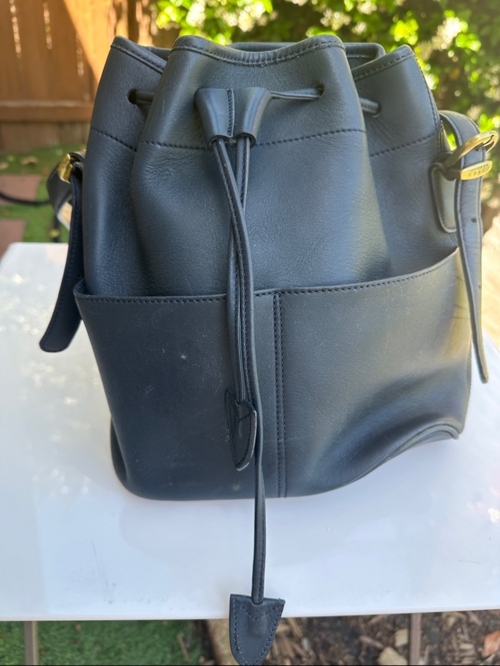 Coach Dark Blue Leather Drawstring Bucket Bag with Gold Buckle